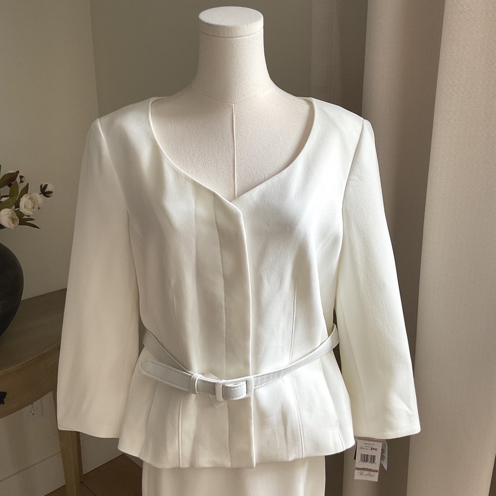 Le Suit Womens Belted 3/4 Sleeve Jacket Maxi Skirt Suit Vanilla Ice 12 NEW* - Picture 3 of 15